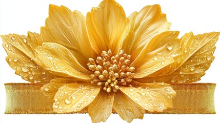 Elegant golden flower, dew-kissed petals, rests atop a textured ribbon, bathed in soft light