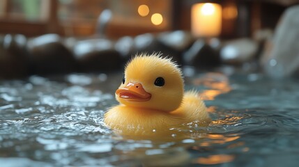 Fuzzy yellow duckling floats serenely in rippling water near rocks and a soft candle glow