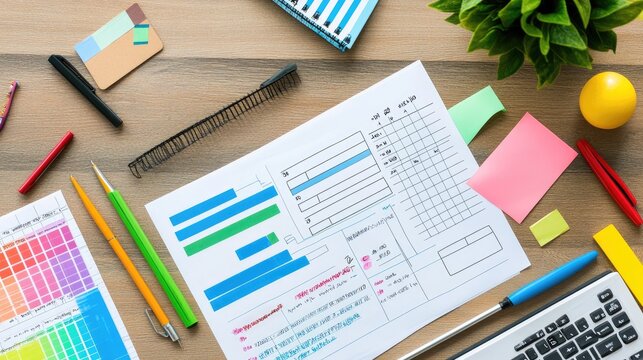 Printed quizzes, handwritten answers, and correction guides laid out on desk