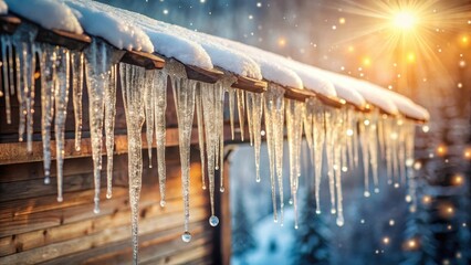 Winter's Sparkling Icicles Adorn a Rustic Wooden Structure, Glistening in the Golden Light of a Winter's Day