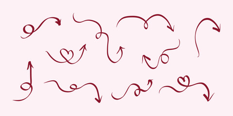 Hand drawn arrows vector icons set. Sketch different curved lines and heart shaped elements. Doodle marker drawing and Direction pointers. Scribbles and scrawls vector illustration