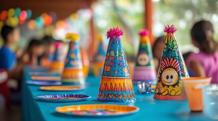 Naklejka premium Colorful Party Hats and Festive Decorations for Children's Celebration