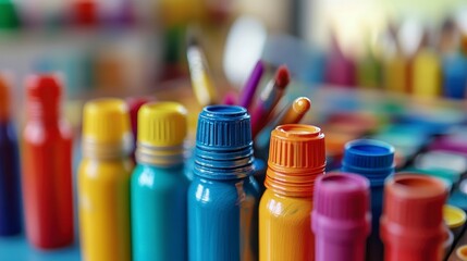 Colorful Bottles of Paint with Brushes on a Creative Workspace
