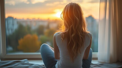 Woman gazes at sunrise over cityscape from her window, lost in thought and reflection