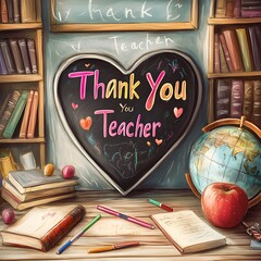 Heart-shaped chalkboard with "Thank You Teacher" message in a classroom setting.