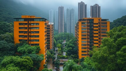 Urban buildings peek through lush trees on an overcast day