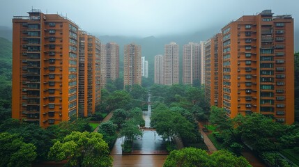 Urban landscape features high-rise buildings nestled among green trees, misty mountain background