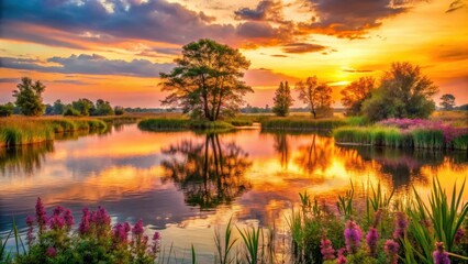 Obraz premium Serene Sunset Reflection on a Calm River, Trees Silhouetted Against Vibrant Sky, Wildflowers Blooming at Water's Edge