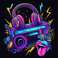 Colorful graphic design featuring headphones and boombox.