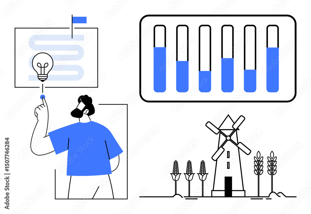 Aufkleber man pointing to light bulb on work plan, bar graph for progress tracking, windmill with crops. ideal