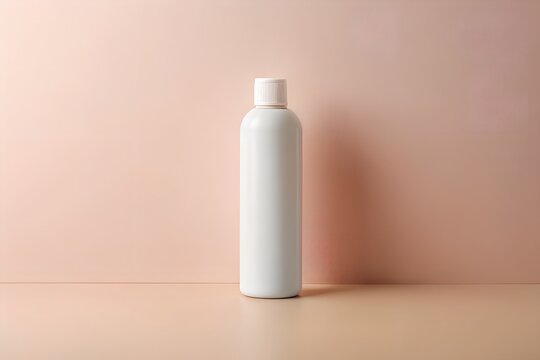 Light gray plastic bottle standing against soft pink background ideal for elegant minimalist product shot cosmetic branding or skincare design