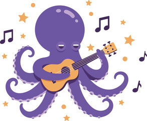 Purple octopus playing guitar with music notes and stars vector illustration 