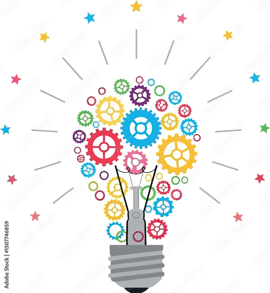 Poster lightbulb with colorful gears and starburst rays creative innovation concept vector