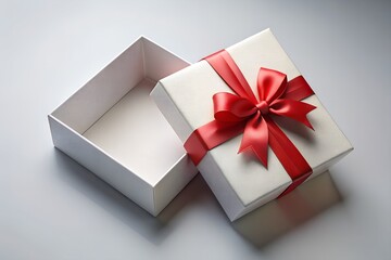 Pristine white gift box with vibrant red ribbon and bow ideal for special occasion celebration gift presentation and elegant product photography