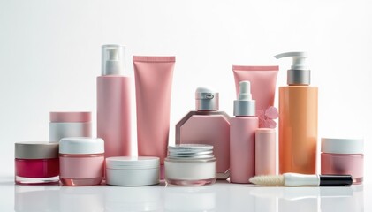 Assortment of cosmetic products against white backdrop, brushes, cosmetic set