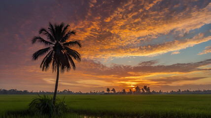 A photograph of a Coconut Palm dramatically silhouetted against a vibrant sunset over the Cambodian countryside