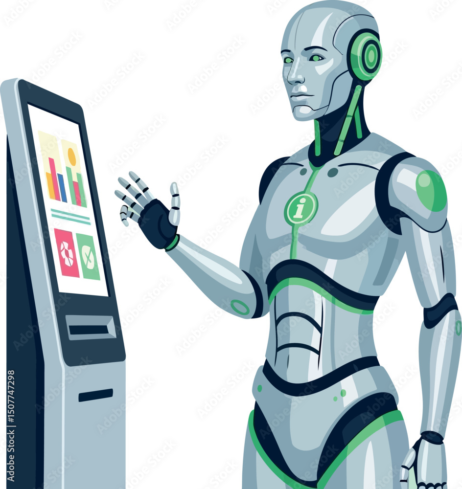 Poster humanoid robot interacting with digital kiosk for information and data display illustration
