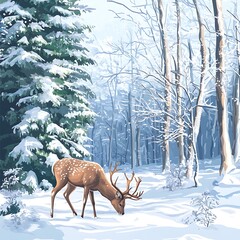 A winter forest scene with a deer in the snow.