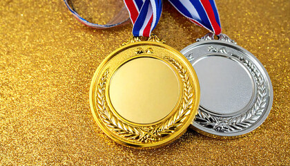 金メダル、銀メダル、銅メダルがあるイメージ素材。Image material featuring gold, silver, and bronze medals.