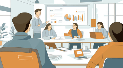 Business presentation in meeting room: A focused business team is deeply engaged in a strategic presentation, attentively analyzing insightful charts and data.
