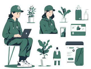Digital green themed set and a woman: A modern graphic set, featuring a stylish woman, plants and essential design elements, all unified with a soft green and clean aesthetic.