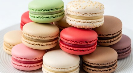 Obraz premium Colorful Macarons Tower Delicious French Confection Isolated on White Background Sweet Treat Variety Assorted Flavors Gourmet Delight Baked Goodies Temptation Indulgence Joyful Dessert