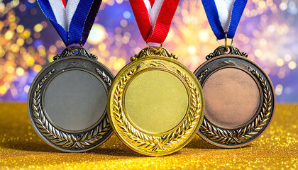 金メダル、銀メダル、銅メダルがあるイメージ素材。Image material featuring gold, silver, and bronze medals.