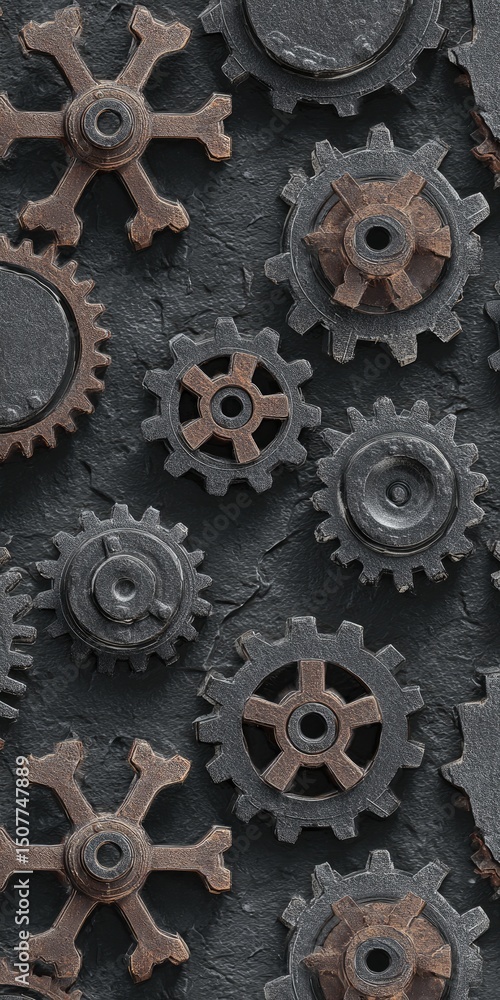 Poster detailed rusty gears pattern on dark background