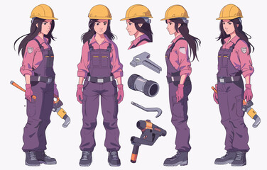 Naklejka premium Skilled Female Construction Worker with Tools and Gear Set