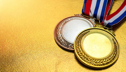 金メダル、銀メダル、銅メダルがあるイメージ素材。Image material featuring gold, silver, and bronze medals.