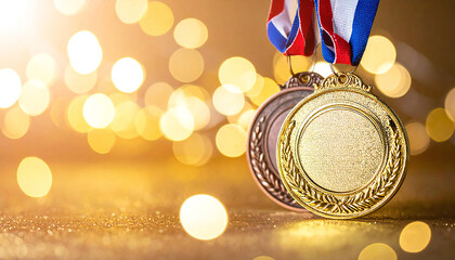 金メダル、銀メダル、銅メダルがあるイメージ素材。Image material featuring gold, silver, and bronze medals.