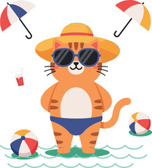 Naklejka premium Cat wearing sunglasses and sun hat on beach with umbrellas and beach balls vector illustration 