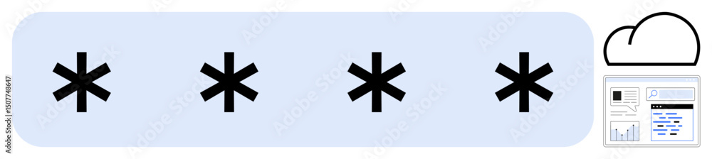 Poster four asterisks symbolize password protection, accompanied by a cloud and a dashboard interface showc