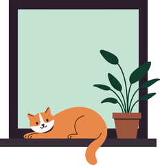Orange cat resting on windowsill with potted green plant indoor scene vector illustration 