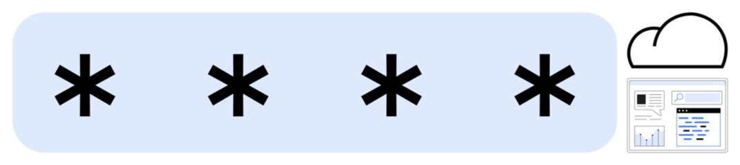 Obraz premium Four asterisks symbolize password protection, accompanied by a cloud and a dashboard interface showcasing analytics. Ideal for security, cloud storage, analytics, privacy, encryption, data