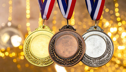 金メダル、銀メダル、銅メダルがあるイメージ素材。Image material featuring gold, silver, and bronze medals.