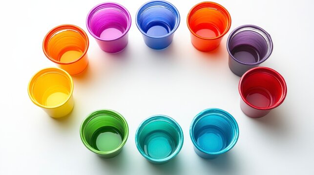 Colorful Plastic Cups Arranged in a Circular Pattern on White Surface