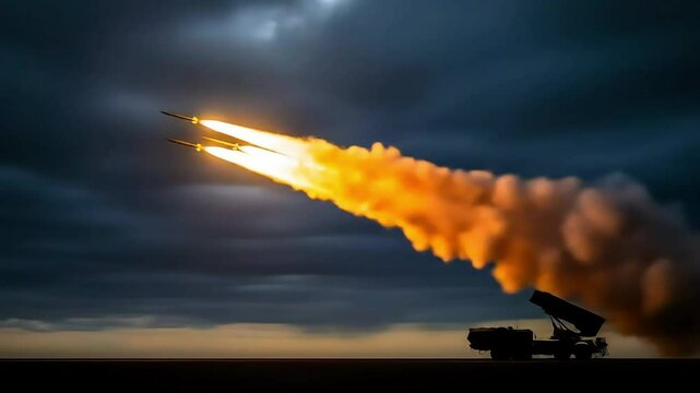 Missile Launch Nighttime Aerial View of Rocket Propulsion, Generative AI