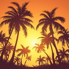 Silhouettes of palm trees at sunset.