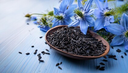 black cumin flowers with seeds in closeup