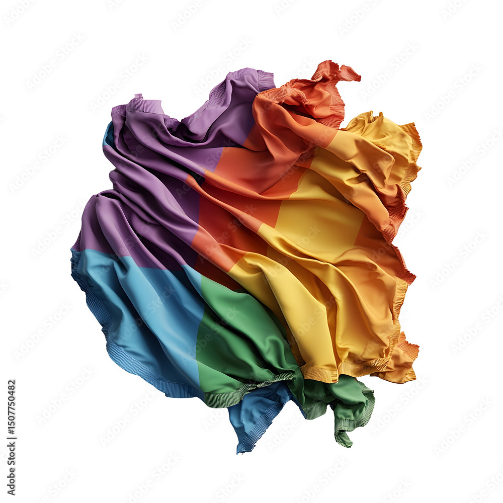 Poster a 3d rendered stylized rainbow flag gracefully flowing and billowing in a gentle curve floating agai
