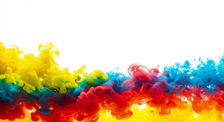 An abstract composition of colorful swirling liquids in bright hues of yellow, red, blue, and orange