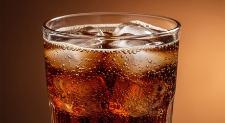 Closeup of a glass of cola with ice cubes symbolizing refreshment and carbonation