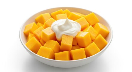 Mango cubes with cream representing freshness and tropical delight in a white bowl
