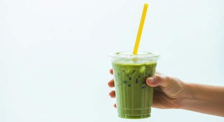 Hand holding iced matcha latte in plastic cup with yellow straw refreshing beverage concept
