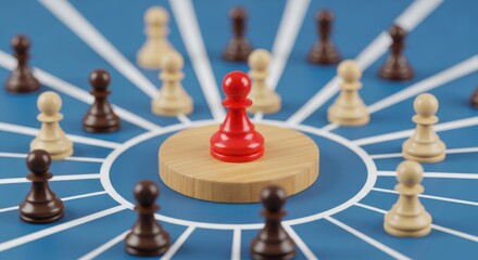 Red chess piece leading network symbolizing leadership and team management success
