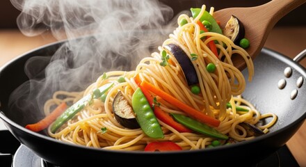 Steaming vegetable pasta dish in wok pan showing fresh ingredients and cooking process