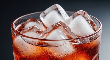 Refreshing iced drink with condensation glass and ice cubes symbolizing coolness and relaxation