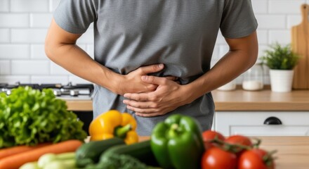 Man holding stomach in pain near fresh vegetables symbolizing digestive issues and healthy eating