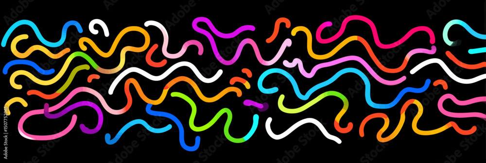 Poster abstract gradient 3d waves: rainbow ribbon lines & wavy pattern on black background � vector design